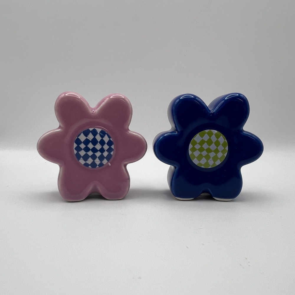 Room Essentials Flower Salt and Pepper Shakers Pink Blue Checkered Stoneware NEW